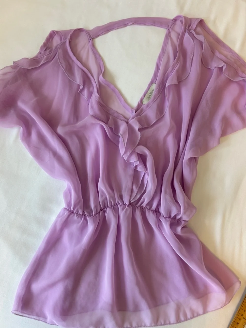 Costa Blanca Lavender Flowy Ruffle V-Neck Blouse - Picture 1 of 10